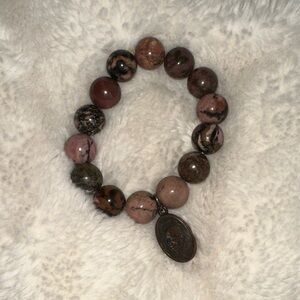Beaded Rhodonite Stretch Bracelet with Charm - Pink Brown